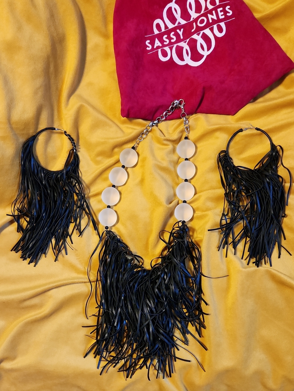 Sassy Jones Black Fringe Necklace and Hoop Earring Set
